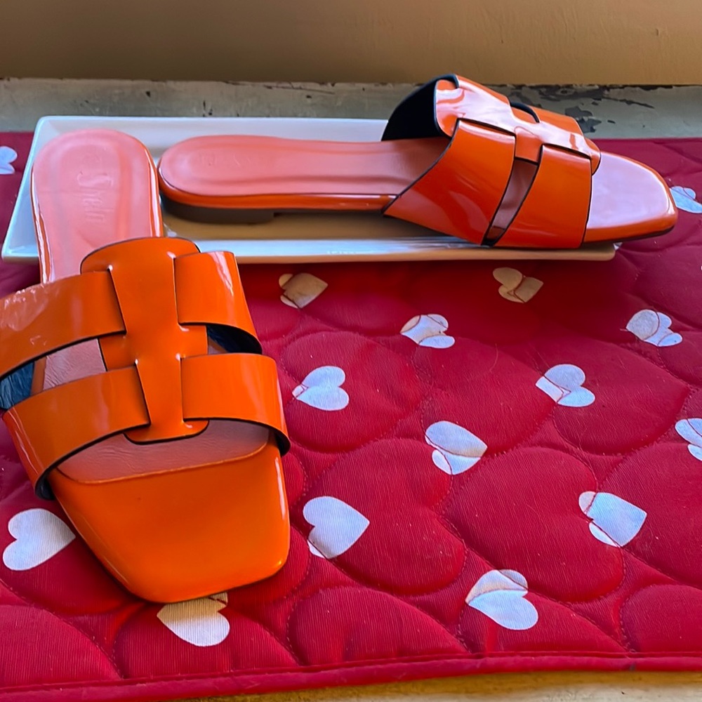 Orange Square Toe Slip-on Sandals